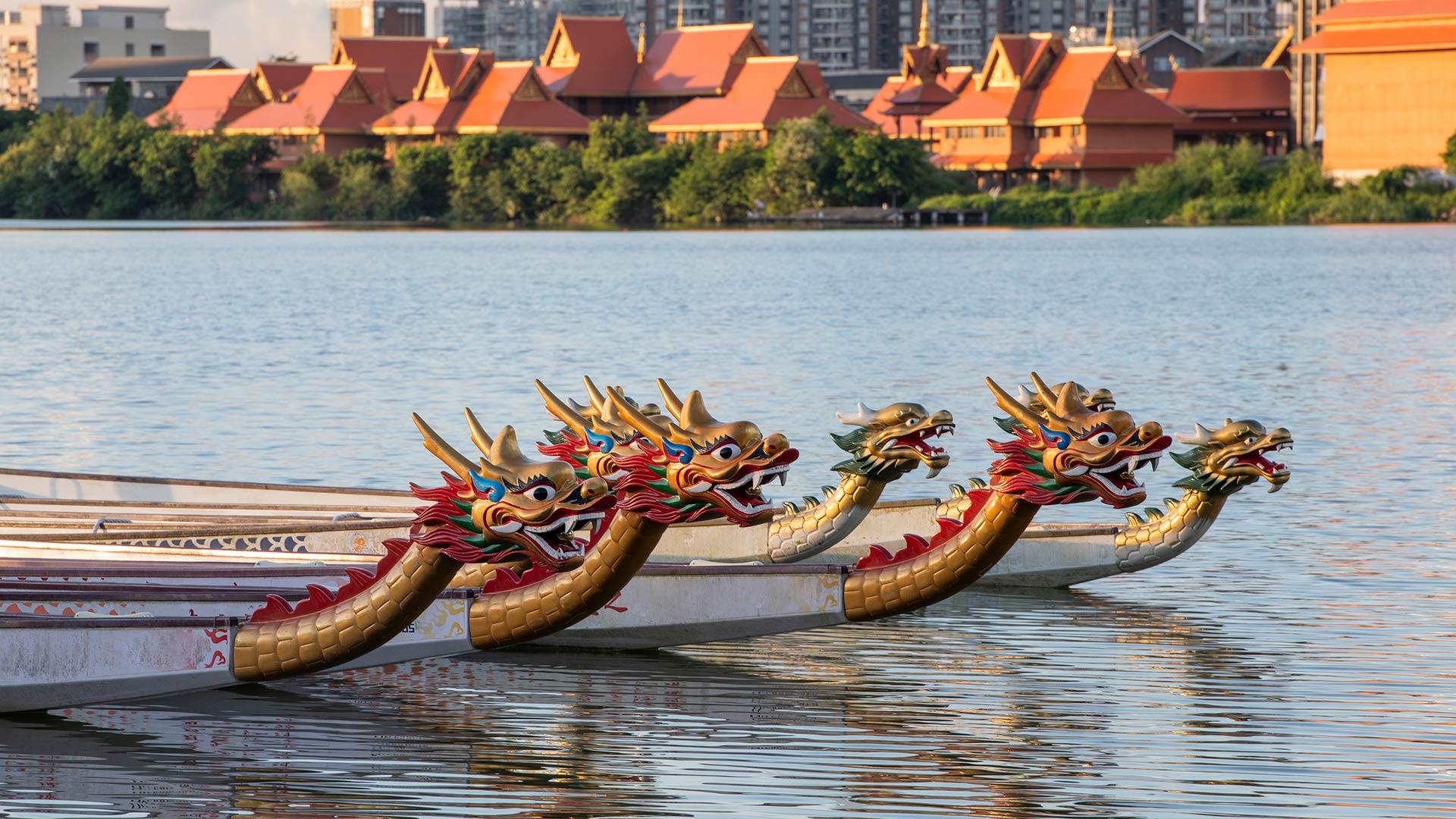 湖中的龙舟，中国 (©  Zhonghui Bao/Getty Images)
