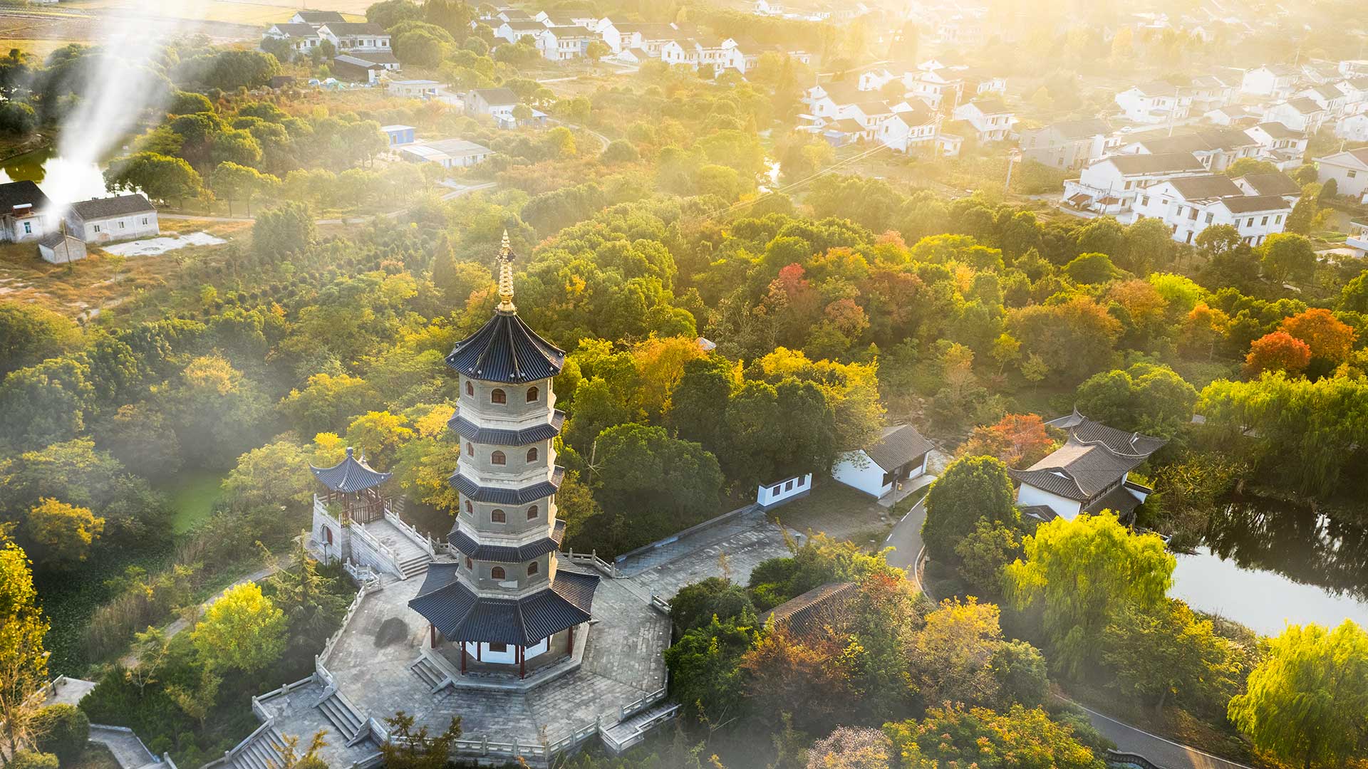 在处暑时节的村庄田野与寺庙佛塔，江阴市，江苏省，中国 (© jia yu/Getty Images)